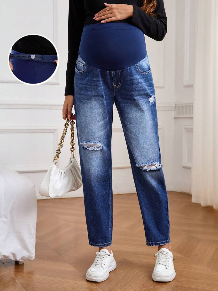 Maternity Contrast Patchwork High Waist Ripped Denim Jeans - Medium Wash - View 1