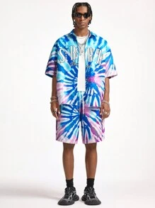 Manfinity NXTstreet Men's Woven Short Sleeve Colorful Letter Print Tie-Dye Style Shirt And Shorts Set - Purple - View 2