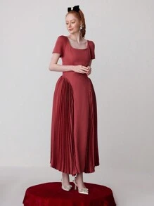 SHEIN Belle 女士素色簡約日常短袖晚禮服（厚款） - 紅色 - 查看 4