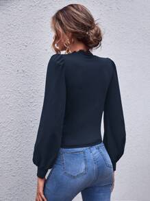 SHEIN Clasi 女式 V 领撞色蕾丝长袖 T 恤，春秋装 - 藏蓝色 - 查看 2