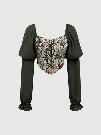 Fairycore Blusa de patchwork de jacquard floral con estilo de palacio retro para mujer