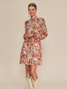 Chiquease Women's Floral Print Keyhole Neckline Long Sleeve Elegant Short Dress For Vacation - Red - View 4