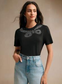 Anewsta 女士圆领短袖水钻装饰简约 T 恤，休闲日常穿着