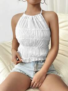 Breezaya Women's Ruffle Hem Top With Neck Tie - White - View 4