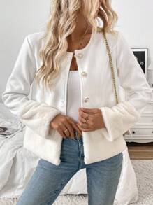 Chiquease Elegante Chaqueta blanca de mezcla de lana con cuello redondo, manga larga, diseño de parches de piel sintética de conejo, botones de perla y cálida para otoño/invierno