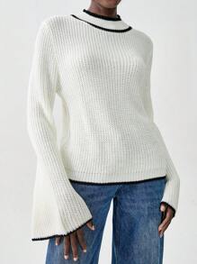 Chiquease Blusa casual de cuello redondo de manga larga con ribete de contraste, suéter de punto para otoño e invierno - Beis - Ver 1