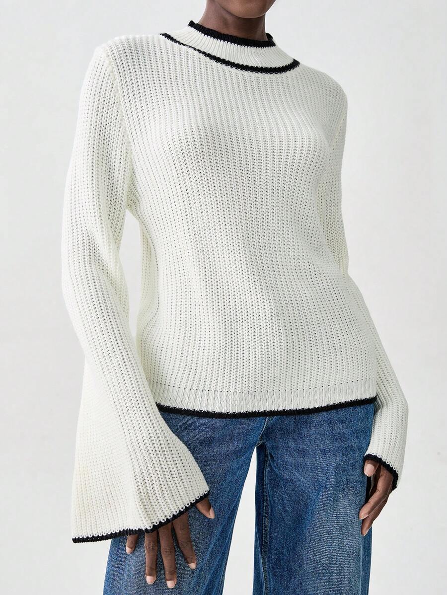 Chiquease Blusa casual de cuello redondo de manga larga con ribete de contraste, suéter de punto para otoño e invierno - Beis - Ver 1