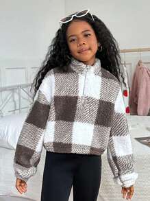 Tween 女童休闲双面格子羊毛保暖漏斗领半拉链连帽运动衫 - 卡其色 - 查看 5