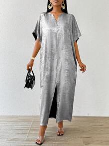 SHEIN Lady 四季/婚礼嘉宾/服装/舞会礼服/金色裙子/晚宴服装/金色女士缎面提花前开衩连衣裙，休闲派对优雅 - 銀色 - 查看 4