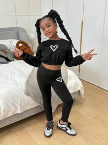 SHEIN Tween Girl 2 件套 Tween Girls 针织圆领运动衫和高弹力紧身裤套装 - 黑色 - 查看 7