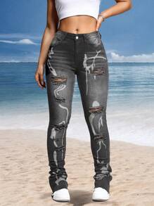 Quần Jeans Skinny Thường Ngày Có Túi Xách Cho Nữ - Xám - Xem 1