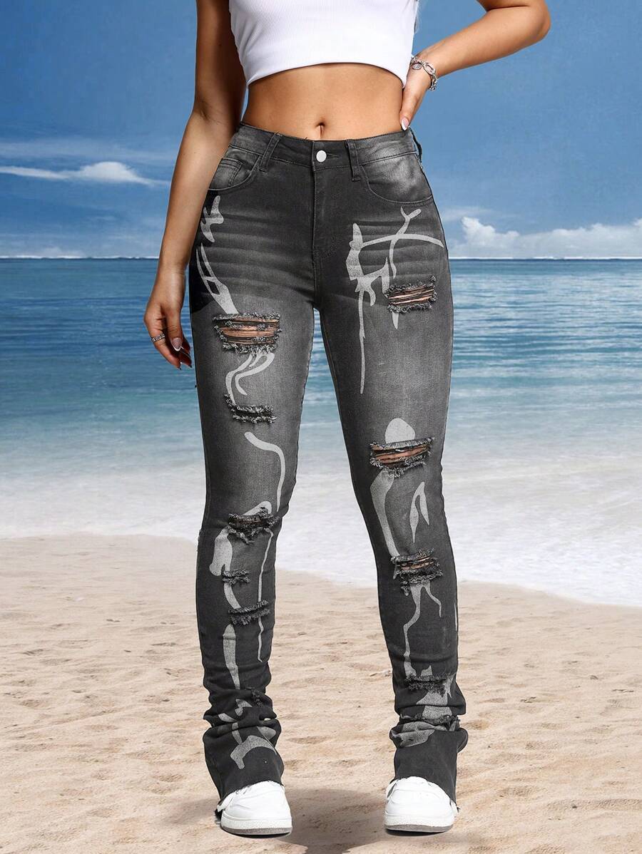 Quần Jeans Skinny Thường Ngày Có Túi Xách Cho Nữ - Xám - Xem 1