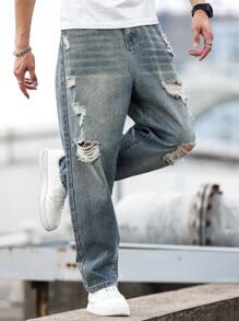 Manfinity LEGND Men's Loose Fit Distressed Washed Baggy Jeans, Casual Everyday - Medium Wash - View 6