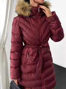 EURMUSE FUZZY TRIM BELTED HOODED WINTER COAT - Rose Red - View 8