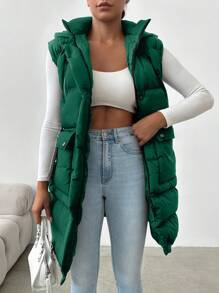 EURMUSE Women's Solid Color Front Zipper Sleeveless Casual Padded Coat - Green - View 5