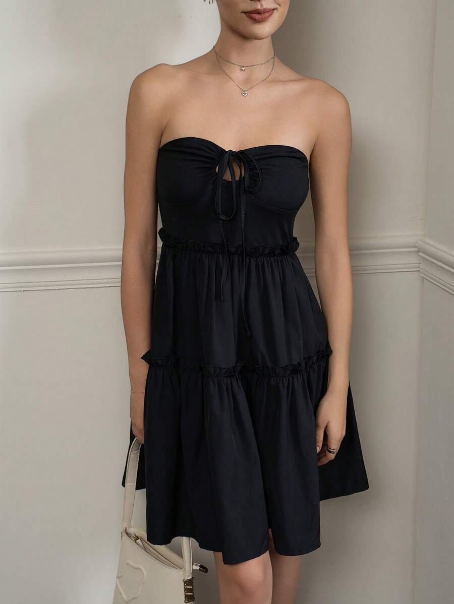 INAWLY Women's Solid Color Black Simple Everyday Tube Short Dress - Black - View 1