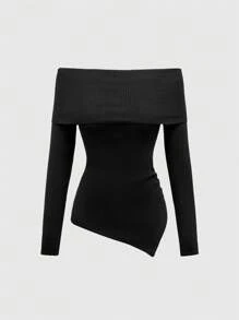 ROMWE Goth Elegant Romantic Asymmetrical Hem Off Shoulder Slim Fit Sweater For Women - Black - View 5