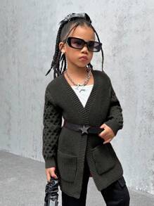 Young Girl Deep Pink Solid Color Fashionable Casual Cute Soft Simple Warm Versatile Elegant  Long Sleeve Midi Knit Cardigan Suitable For Casual Wear, School, Outings, Parties, Autumn/Winter - Black - View 1