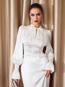 Vintamour Blusa elegante y vintage de estilo cortesano, ajustada con pliegues, lazo y mangas farol, blanca, disfraz de princesa para mujer en Acción de Gracias, blusas de mujer de manga larga para Navidad, blusa de manga larga para concierto, blusa blanca de manga larga para Año Nuevo, camisa de manga larga Medusa para invierno - Blanco - Ver 6