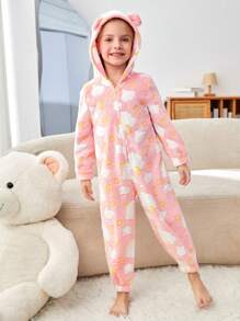 SHEIN Young Girls' Cloud & Star/Moon Pattern Long Sleeve Hooded Fuzzy Jumpsuit With Zipper Front, Comfortable For Fall/Winter