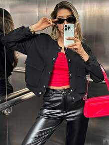 Chiquease Autumn/Winter Short Ribbed Collar Snap Buttoned Square Pocket Jacket - Black - View 3