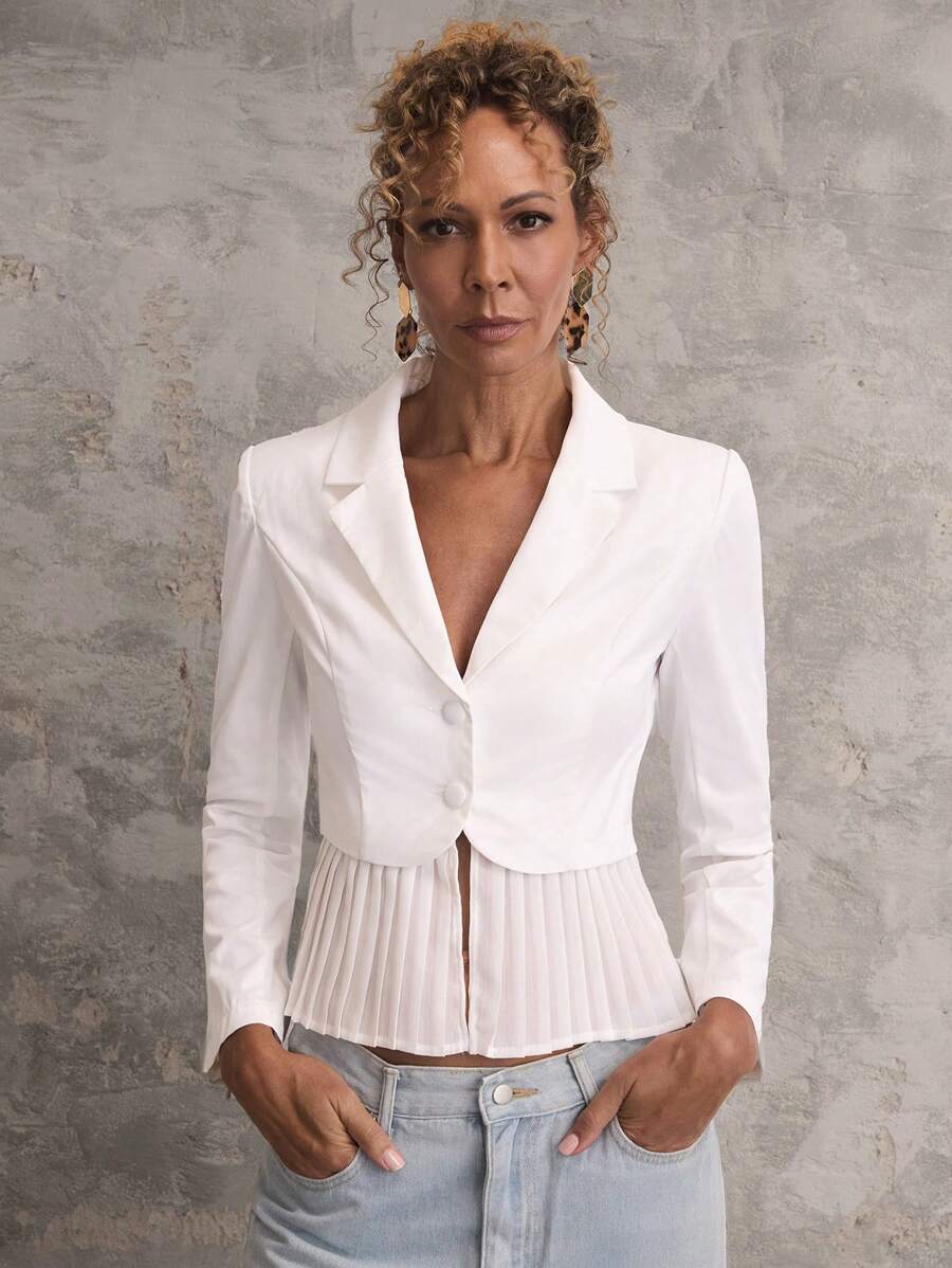 SHEIN Unity Women's Solid Color Stand Collar Long Sleeve Patchwork Pleated Hem Blazer Jacket, Spring & Autumn - White - View 1