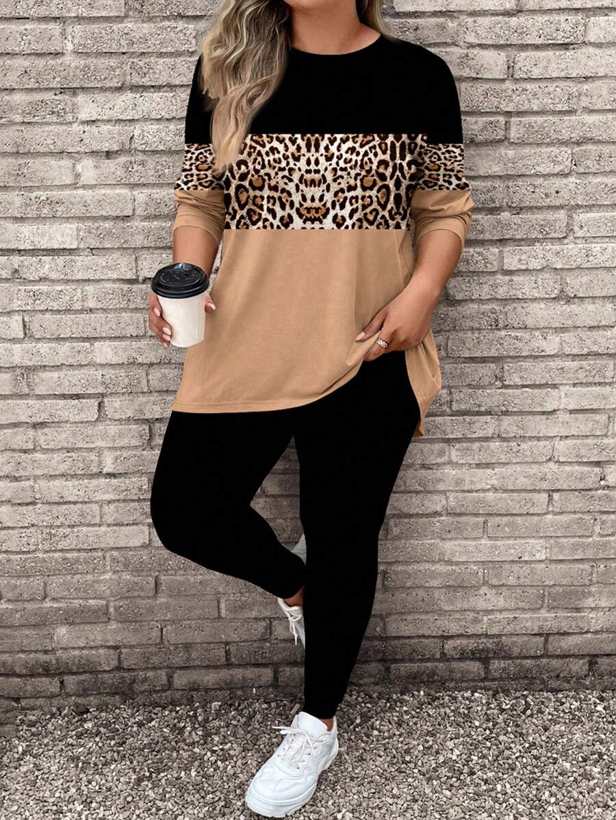 SHEIN LUNE Bộ 2 chiếc/Bộ áo thun dài tay họa tiết da báo tương phản cỡ lớn cho nữ và quần tập yoga, phù hợp cho mùa thu/đông - màu đen - Xem 1