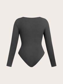 Franclia 2pcs Plus Size Gray U-Neck Bodysuit With Wide Leg Pants, Casual Outdoor Fashion Minimalist Style, Knitted Fabric Fall Cloth For Women - Grey - View 8