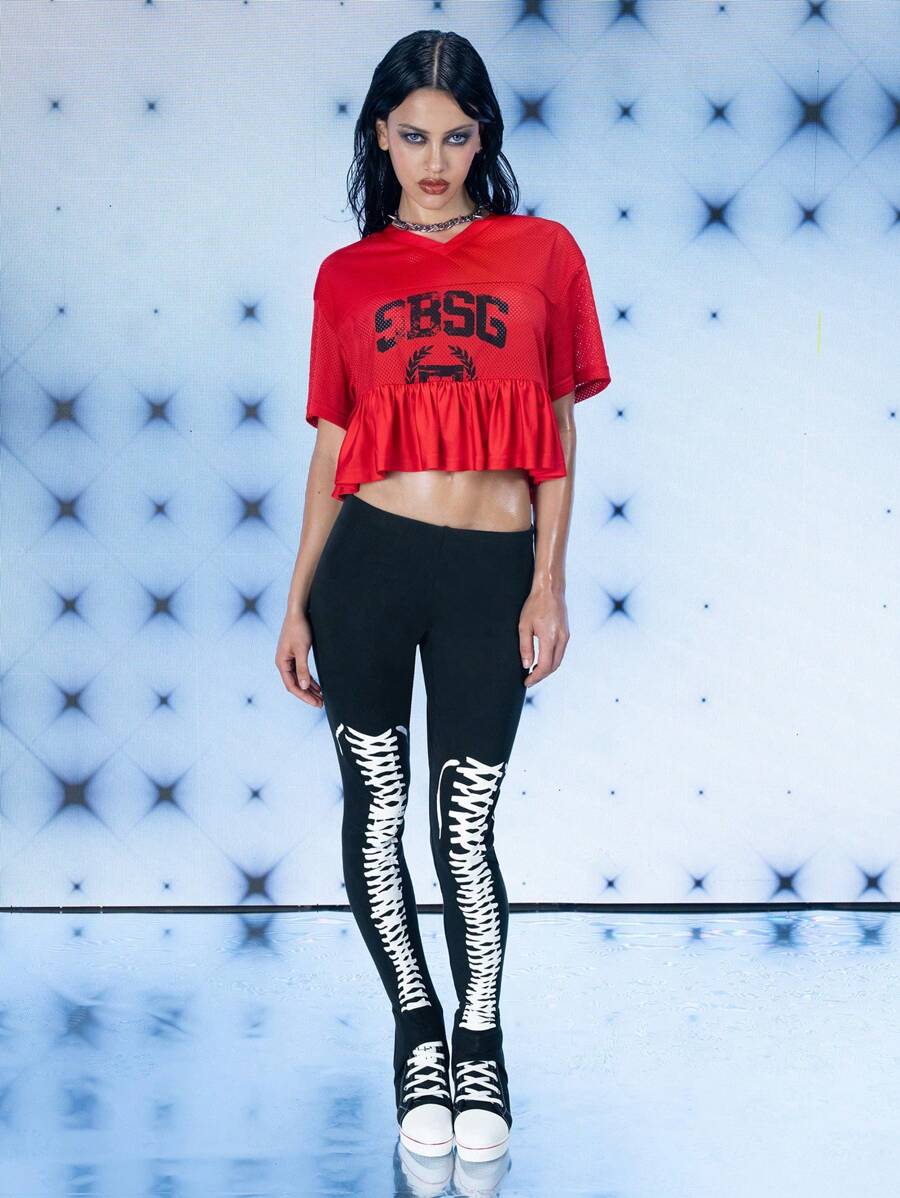 FREAK CITY Designer Women Ruffled Hem Athletic Mesh Graphic Printed Retro Street Red Top, For Holiday, Vacation, Spring & Summer, Going Out, Festival, Ibiza Fits