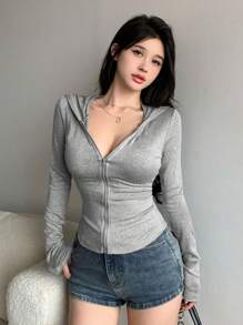 DAZY 秋季新款女式拉链连帽T恤长袖女上衣，秋季女装 - 淺灰色 - 查看 4