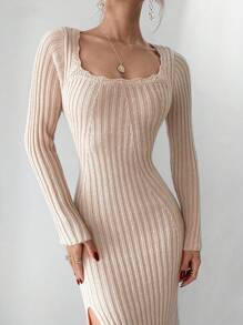 Chiquease Vestido de suéter con cuello redondo de manga larga, de un solo color, de punto acanalado y con abertura