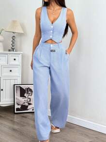 SHEIN EZwear Ladies' Linen Simple Stripe Print Tube Top And Long Pants Two Pieces Set In Fall/Winter - Blue and White - View 1