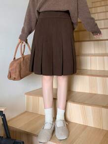 FRIFUL 女式纯色短款褶皱 A 字迷你裙，返校服装 - 咖啡棕 - 查看 3