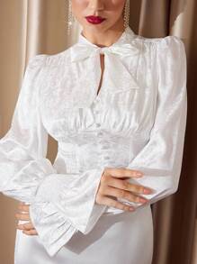 Vintamour Blusa elegante y vintage de estilo cortesano, ajustada con pliegues, lazo y mangas farol, blanca, disfraz de princesa para mujer en Acción de Gracias, blusas de mujer de manga larga para Navidad, blusa de manga larga para concierto, blusa blanca de manga larga para Año Nuevo, camisa de manga larga Medusa para invierno - Blanco - Ver 3