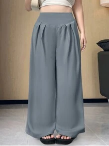 Flirla Pantalones anchos de talla grande de cintura alta, de unicolor y casuales - Azul - Ver 1