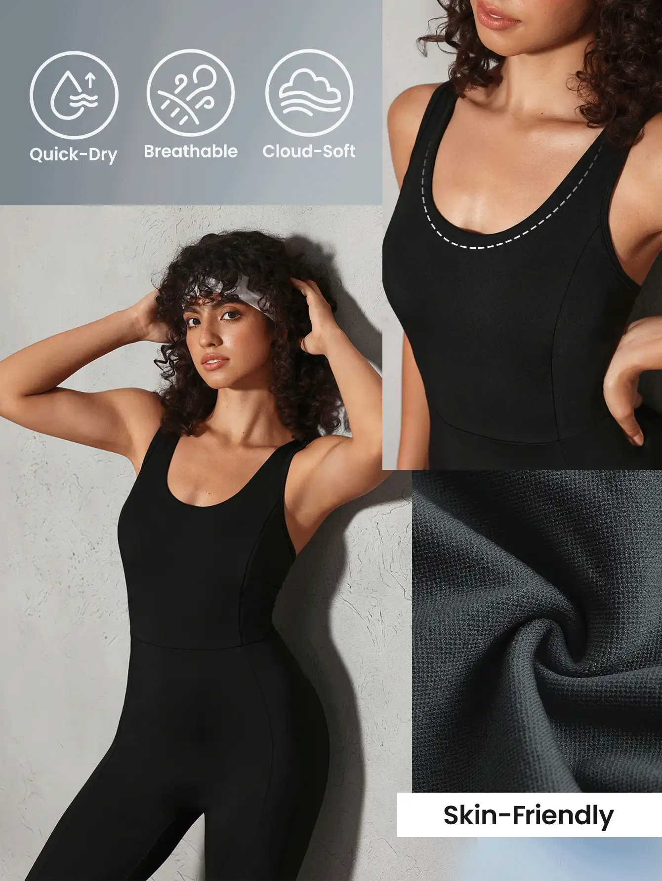 Lifespree Macacão Esportivo de Ajuste Slim com Gola Redonda e Sem Mangas, Macacão Inteiro de Verão - Preto - Visão 2