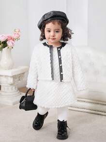 SHEIN 2 件套女婴拼色毛绒无袖连衣裙和夹克套装，秋冬 - 白色 - 查看 5