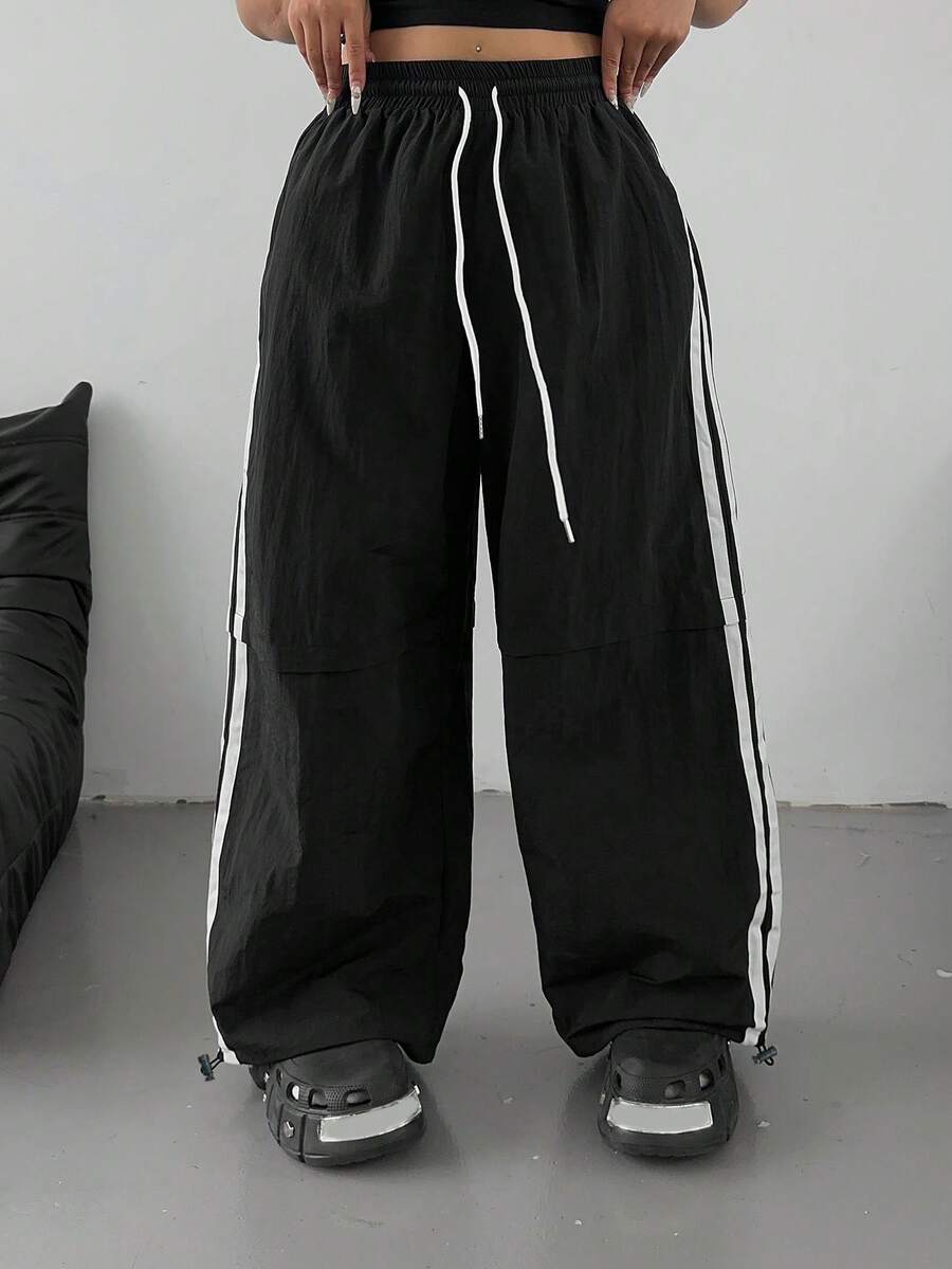 SHEIN POPSWAY Plus Size Casual Black Cargo Pants With Contrast White