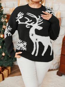 Plus Size Women Deer Print Long Sleeve Casual Pullover Sweater, Christmas Winter - Black and White - View 5