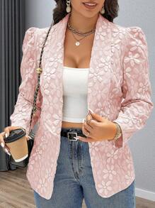 Flirla Blazer de Manga Bufante com Estampa Floral Jacquard, Elegante, Plus Size - Rosa chiclete - Visão 6