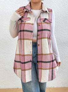 SHEIN Plus Size Front Button Sleeveless False Pocket Plaid Casual Jacket, For Winter - Multicolor - View 3