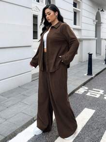 Muchica 2pcs Plus Size Women's Solid Color Button-Front Long Sleeve Blouse And Pants Set - Rust Brown - View 3