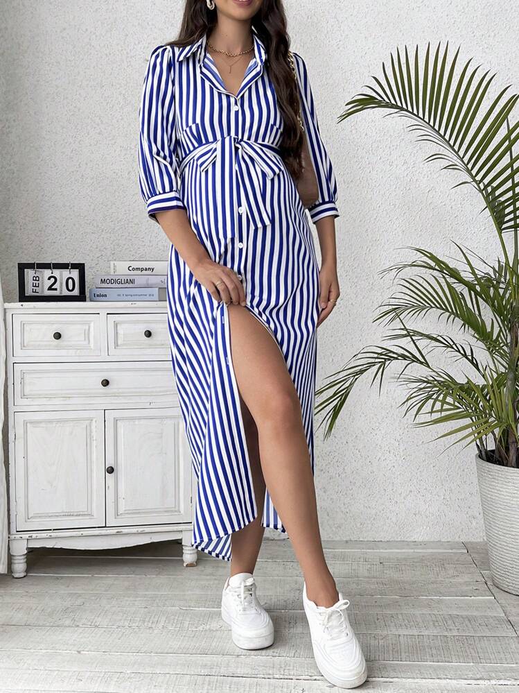 SHEIN Vestido camisero de manga larga con estampado de rayas para embarazo - Azul y blanco - Añade 5