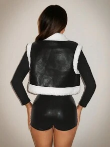 SHEIN ICON Y2k 秋装拼色拉链 PU 蓬松无袖黑色冬季女式夹克 - 黑與白 - 查看 6