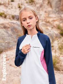 SHEIN Outdoor Casual Color Block Half Zip Stand Collar Long Sleeve Comfy T-Shirt Top For Tween Girls, Suitable For Outdoor Activities, Everyday Casual, Sports & Street Style