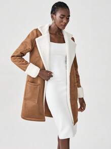 Chiquease 女士长袖口袋蓬松拼接简约休闲常规夹克 - 棕色 - 查看 1