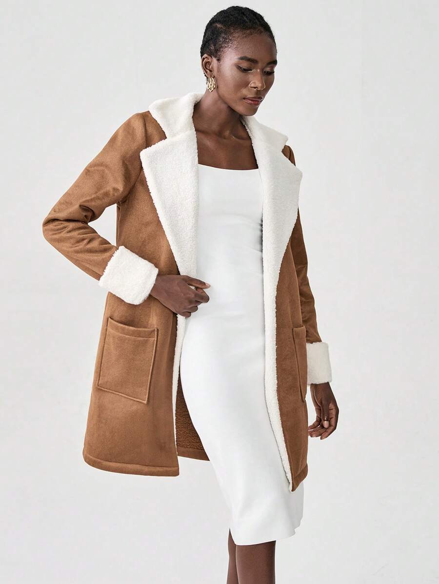 Chiquease 女士长袖口袋蓬松拼接简约休闲常规夹克 - 棕色 - 查看 1