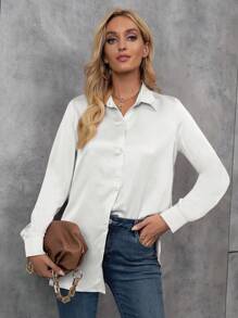 EMERY ROSE 纯色前扣长袖衬衫领简约上衣，继续为节日派对服装