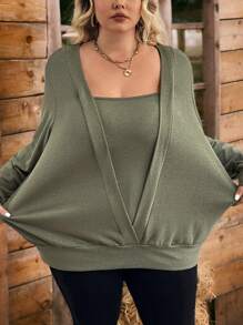 SHEIN CURVE+ Plus Size Solid Square Neck Pullover,Fall Tops,Fall Outfits,Fall Women Clothes - Army Green - View 5