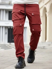 Manfinity CasualCool Men's Casual Solid Cargo Pants With Front Drawstring & Multiple Pockets